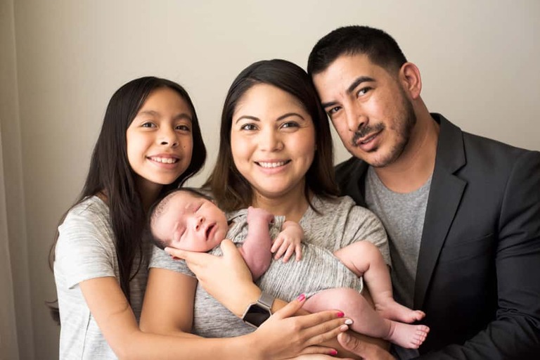 Newborn and family session, lumberjack and pine
