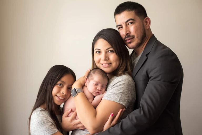Newborn and family session, lumberjack and pine