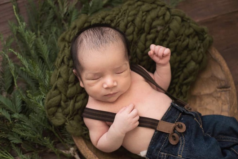 Newborn and family session, lumberjack and pine