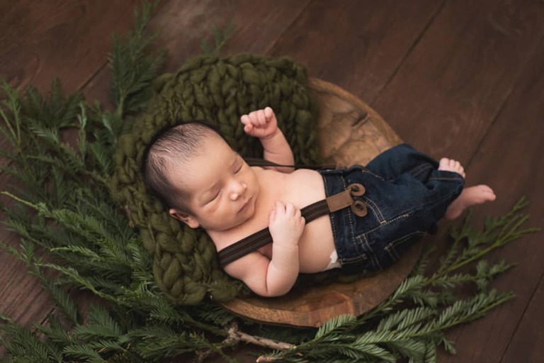 Newborn and family session, lumberjack and pine