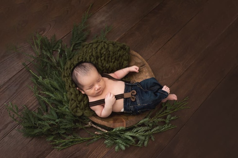 Newborn and family session, lumberjack and pine