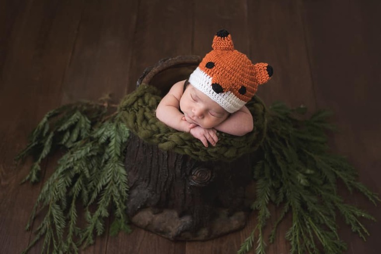 Newborn and family session, lumberjack and pine