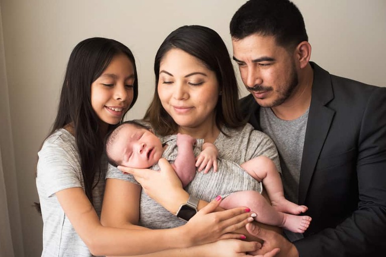 Newborn and family session, lumberjack and pine