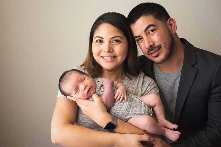 Newborn and family session, lumberjack and pine