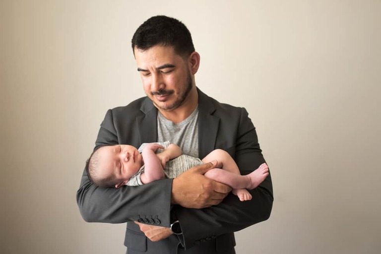 Newborn and family session, lumberjack and pine