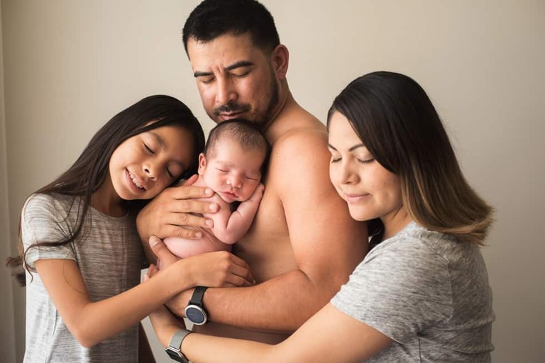Newborn and family session, lumberjack and pine