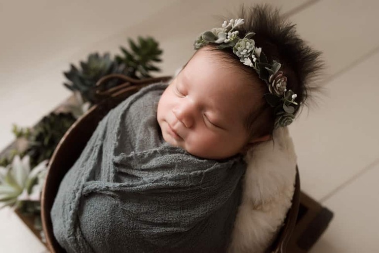 Newborn baby girl wrapped in bucket with succulents and white wood floor.